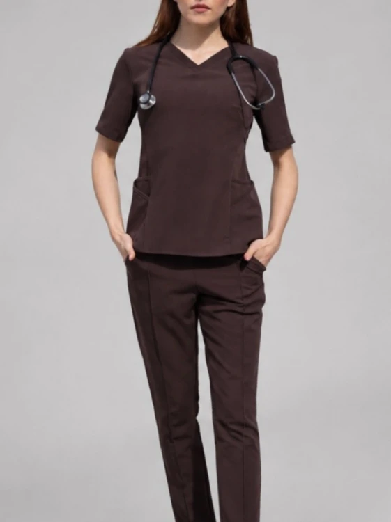 brązowa v- neck bluza medyczna damska i spodnie classic.jpg